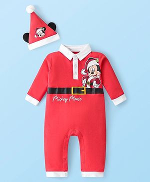 Babyhug Disney Interlock Knit Full Sleeves Collared Romper with Cap & Mickey Mouse Graphics - Red