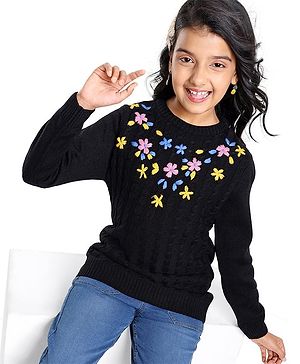 Pine Kids Full Sleeves Pull Over Sweater with Floral Embroidery - Black