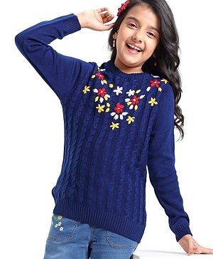 Pine Kids Full Sleeves Pull Over Sweater with Floral Embroidery - Navy Blue