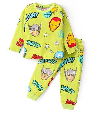 Babyhug Marvel Single Jersey Knit Full Sleeves Night Suit With Avengers Graphics - Limegreen