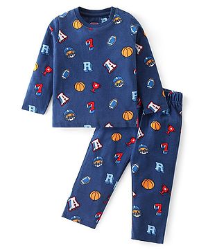 Babyhug Cotton Knit Full Sleeves Night Suit with Animal & Baksetball Print - Navy Blue