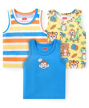 Babyhug 100% Cotton Sleeveless Antibacterial Sandos Striped & Cub Print Pack of 3 - Yellow White & Blue