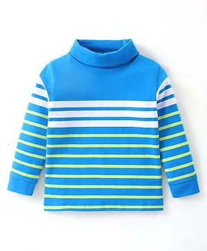 Babyhug Cotton Knit Full Sleeves Skivi T-Shirt with Stripes Print - Blue & White