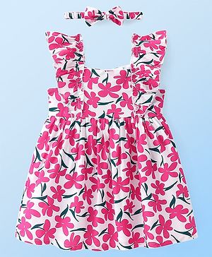 Babyhug Woven Frill Sleeves Frock with Headband & Floral Print - Pink