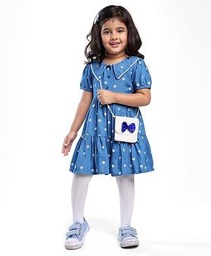 Babyhug Woven Puffed Sleeves Floral Embroidery Frock With Stockings & Lace Detailing - Blue
