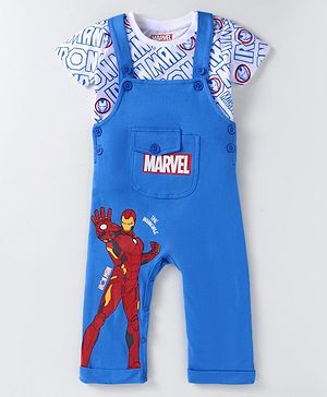 Babyhug Marvel Single Jersey Knit Half Sleeves T-Shirt & Dungaree with Text & Avenger Graphics - Blue