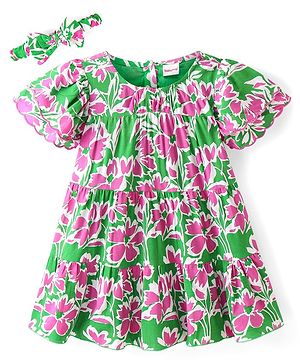 Babyhug Cambric Woven Half Sleeves Frock with Headband & Floral Print - Multicolor