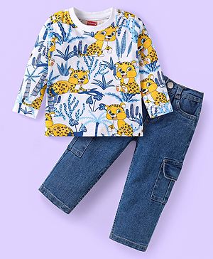 Babyhug Single Jersey Knit Full Sleeves Cheetah Printed T-Shirt & Solid Denim Jeans Set - White & Blue
