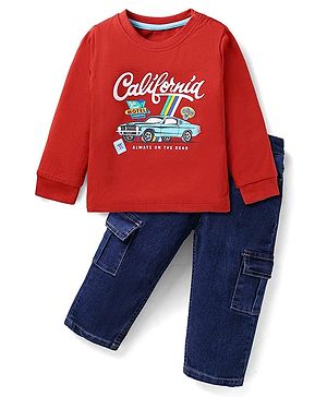 Babyhug Terry Knit Full Sleeves Car Printed T-Shirt & Solid Denim Jeans Set - Red & Blue
