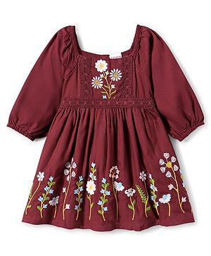 Babyhug Cotton Woven Three Fourth Sleeves Frock with Floral Embroidery & Lace Detailing - Wine