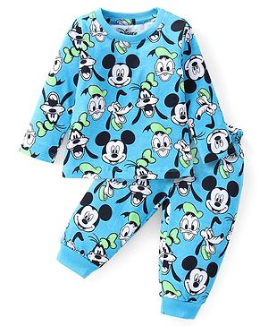 Babyhug Disney Cotton Knit Full Sleeves Night Suit With Mickey Mouse Graphics - Light Blue