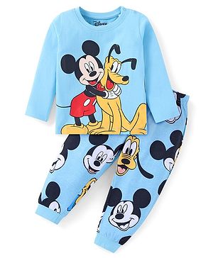 Babyhug Disney Single Jersey Knit Full Sleeves Night Suit With Mickey Mouse Graphics - Light Blue