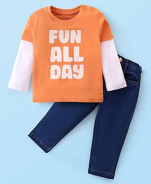 Babyhug Single Jersey Knit Full Doctor Sleeves T-Shirt & Denim Pant Set with Text Print - Orange