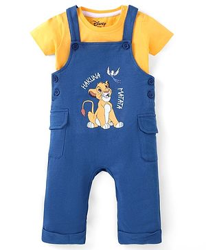 Babyhug Disney  Single Jersey Knit Dungarees & Half Sleeve Tee with Lion King Graphics -Navy & Yellow