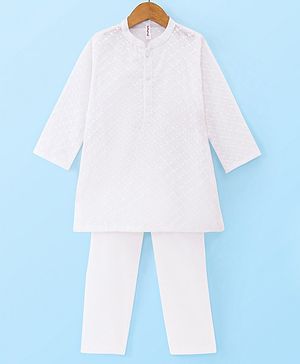 Babyhug Cotton Woven Full Sleeves Schiffli Kurta Pyjama Set - White