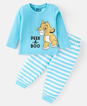 Babyhug Disney Cotton Knit Full Sleeves Night Suit With Lion King Graphics - Sky Blue