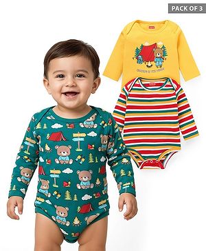 Babyhug 100% Cotton Knit Full Sleeves Onesies with Striped & Bear Print Pack of 3  - Yellow Dark Green & Red
