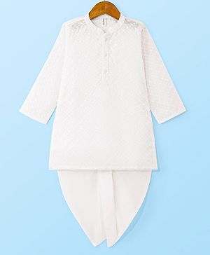 Babyhug Cotton Woven Schiffli Full Sleeves Embroidered Kurta Dhoti Set - White
