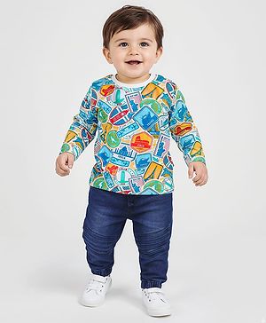 Babyhug Single Jersey Knit Full Sleeves Voyage Print T-Shirt & Jeans Set - Blue