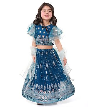 Babyhug Woven Flutter Sleeves Choli Lehenga & Dupatta Set with Sequin Embroidery - Teal
