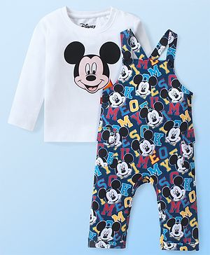 Babyhug Disney Single Jersey Knit Full Sleeves Mickey Mouse Printed Dungaree & T-Shirt - Navy Blue & White