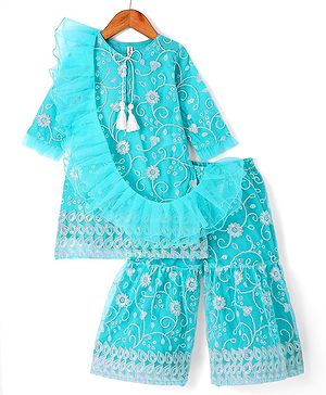 Babyhug Woven Three Fourth Sleeves  Net Sequined Embroidered Kurti Gharara Set with Frilled Dupatta - Aqua Blue