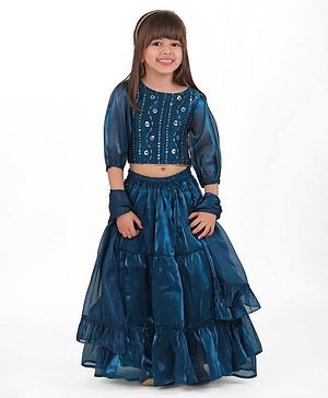 Babyhug Woven Three Fourth Sleeves Sequined Floral Embroidered Choli Lehenga Set with Dupatta - Teal Blue