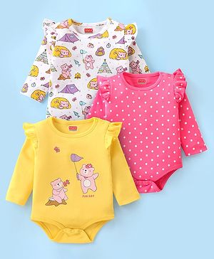 Babyhug 100% Cotton Full Sleeves Onesies with Frill Detailing Teddy Bear Print Pack of 3 - Pink White & Yellow