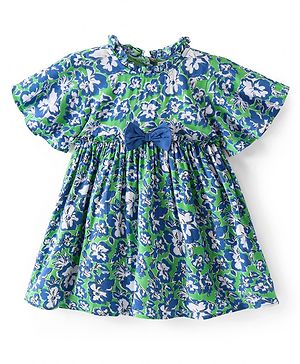 Babyhug Viscose Woven Frill Half Sleeves Frock Floral Print with Bow & Headband - Green