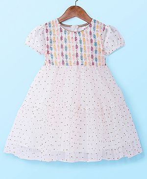Babyhug Woven Short Sleeves Net Sequin Embroidered Ethnic Dress - White