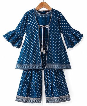 Babyhug Woven Top & Palazzo Set with Bell Sleeves Jacket Floral Foil Print & Embroidery - Teal Blue