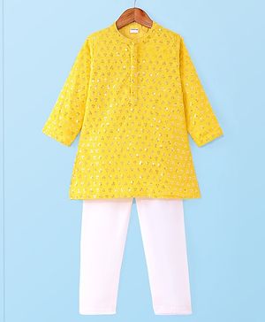 Babyhug Woven Full Sleeves Kurta Pyjama Set with Floral Sequin Embroidery - Yellow