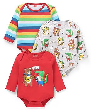 Babyhug 100% Cotton Knit Full Sleeves Striped & Animal Printed Pack of 3 - Red & Light Grey