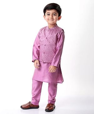 Babyhug Woven Full Sleeves Solid Kurta Pyjama Set With Sequins Embroidered Jacket - Mauve