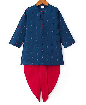 Babyhug Woven Full Sleeves Kurta Dhoti Set with Floral Embroidery - Teal Blue & Red