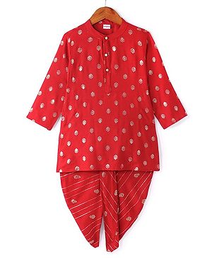 Babyhug Woven Full Sleeves Foil Printed Kurta Dhoti  Set - Red