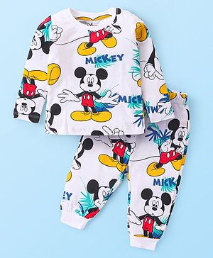 Babyhug Disney Single Jersey Knit Full Sleeves Night Suits With Mickey Mouse Graphics - White
