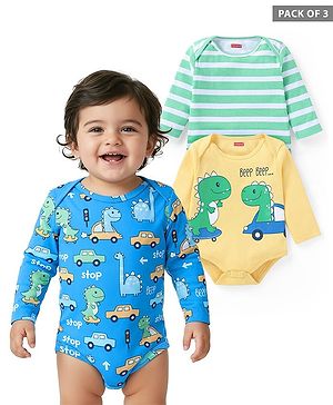 Babyhug 100% Cotton Knit Full Sleeves Striped & Dino Printed Onesies Pack of 3 - Yellow Blue & Green