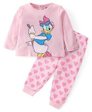 Babyhug Disney Cotton Knit Full Sleeves Night Suit With Daisy Duck Graphics - Pink