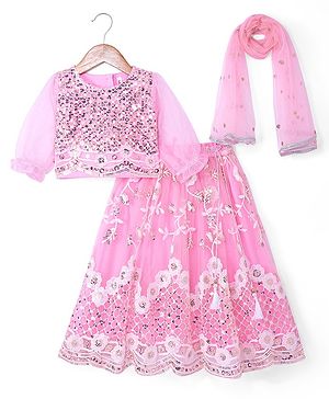 Babyhug Woven Half Sleeves Choli Lehenga & Dupatta Set With Sequin Embroidery - Pink