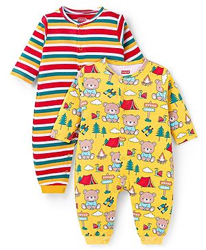 Babyhug 100% Cotton Knit Full Sleeves Striped & Bear Printed Front Open  Rompers Pack of 2 - Yellow & Red