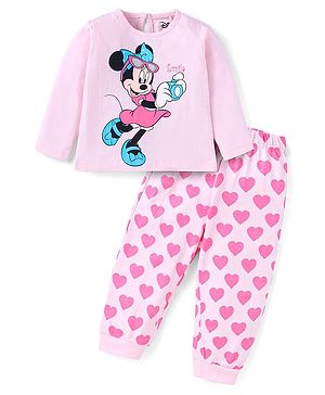 Babyhug Disney Cotton Knit Full Sleeves Night Suit With Minnie Mouse Graphics & Hearts Print - Light Pink