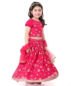 Babyhug Woven Short Sleeves Georgette Sequin Embroidered Choli Lehenga & Dupatta Set - Hot Pink