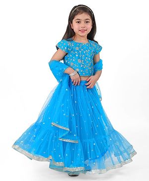 Babyhug Woven Cap Sleeves Sequinned & Floral Embroidered Choli With Lehenga and Net Dupatta - Blue