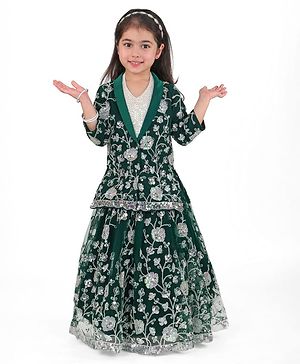Babyhug Woven Three Fourth Sleeves  Floral & Sequined Embroidered Choli Lehenga Set with Jacket - Green