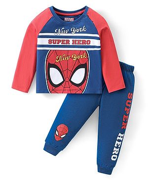 Babyhug Marvel Cotton Knit Raglan Sleeves Night Suit With Spider Man Graphics - Red & Blue