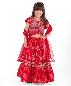 Babyhug Woven Half Cap Sleeves Sequinned & Floral Embroidered Choli With Lehenga and Net Dupatta - Orange