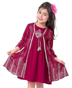 Babyhug Woven Sleeveless Ethnic Dress with Full Sleeves Embroidered & Sequined Border Jacket - Fuchsia