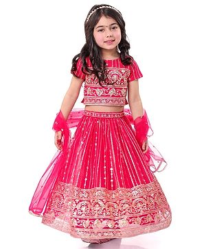 Babyhug Woven Half Sleeves Sequinned & Floral Embroidered Choli With Lehenga and Net Dupatta - Magenta