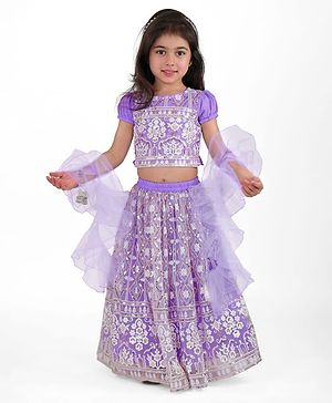 Babyhug Woven Half Puff Sleeves Floral Sequinned & Embroidered Choli With Lehenga and Frill Net Dupatta - Lavender